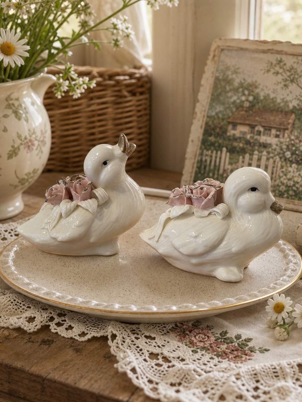 🕊️ Vintage Porcelain Duck Salt & Pepper Set with Pink Roses
